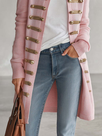 Vintage Pink Knit Gold-Button Band-Trim Open-Front Longline Military Cardigan Women