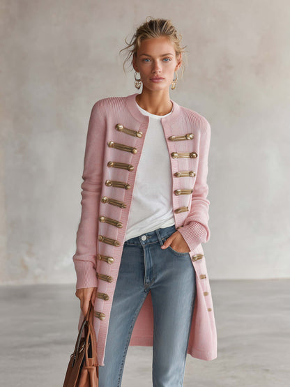 Vintage Pink Knit Gold-Button Band-Trim Open-Front Longline Military Cardigan Women
