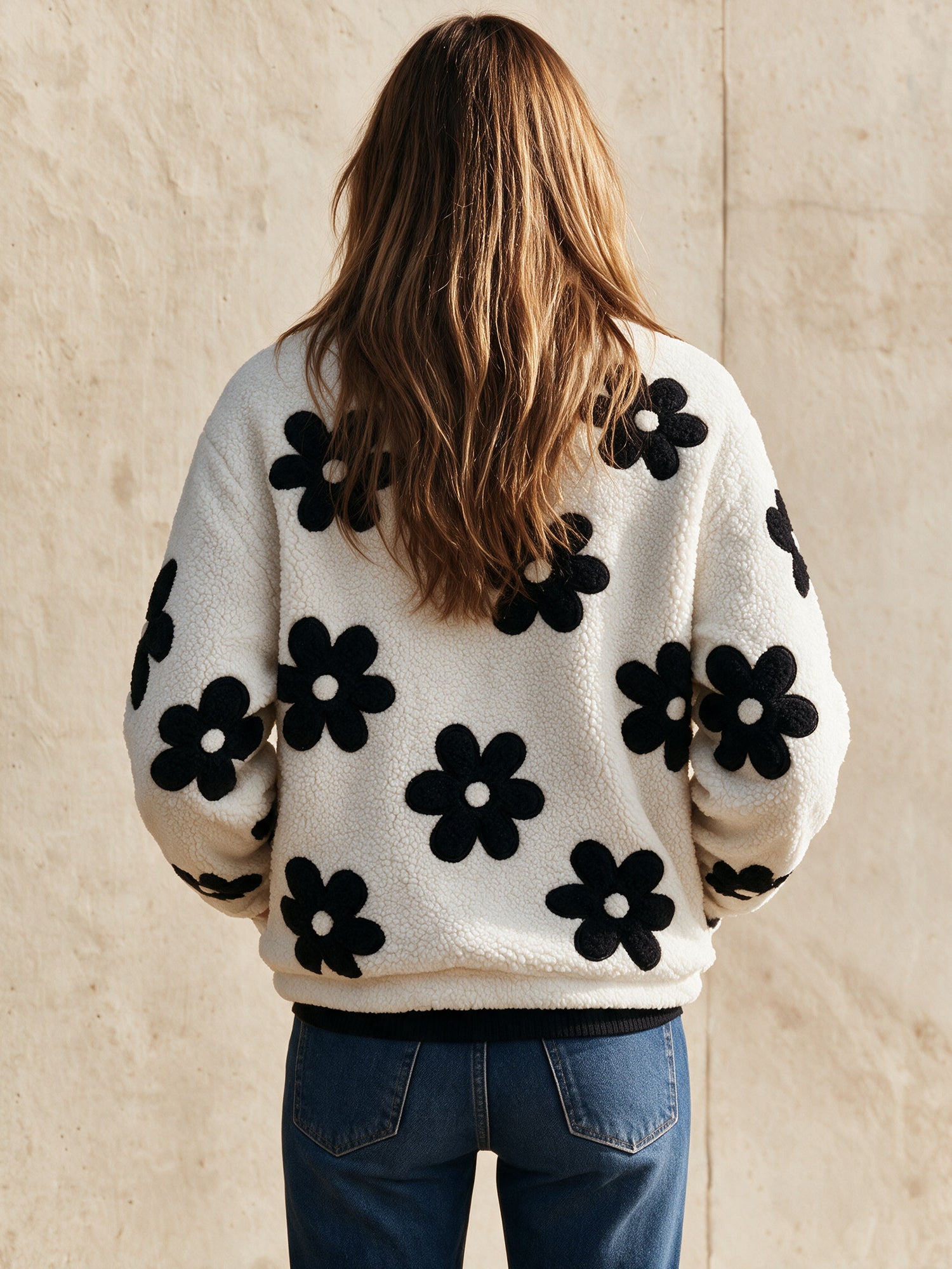 Casual Loose-fitting Black Floral White Fleece Coat