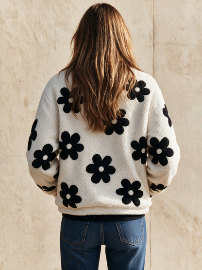 Casual Loose-fitting Black Floral White Fleece Coat