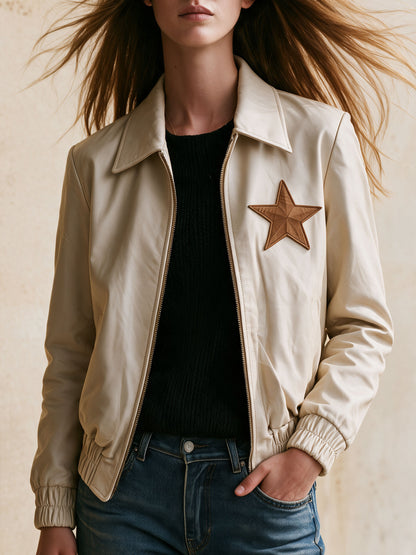 Casual Retro Five-pointed Star Zipper Beige PU Jacket