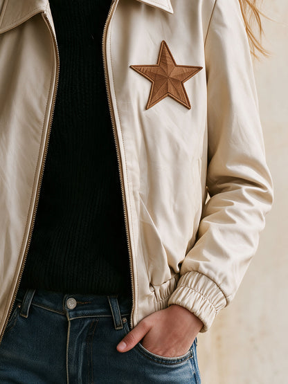 Casual Retro Five-pointed Star Zipper Beige PU Jacket