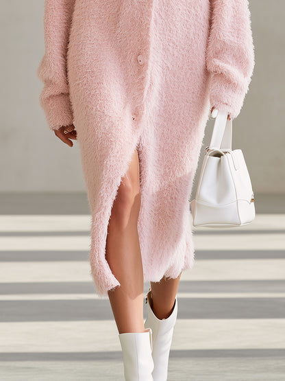 Stylish And Simple Pink Long-haired Knitted Cardigan Midi Dress
