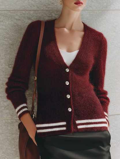 Retro-chic Striped Red Mohair Cardigan