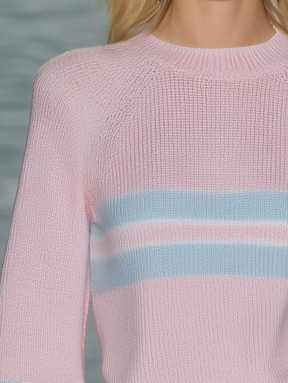 Retro-chic Striped Pullover With Bell Sleeves In Powder Blue
