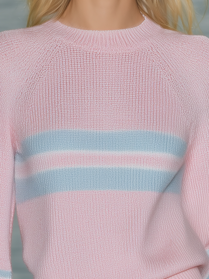 Retro-chic Striped Pullover With Bell Sleeves In Powder Blue