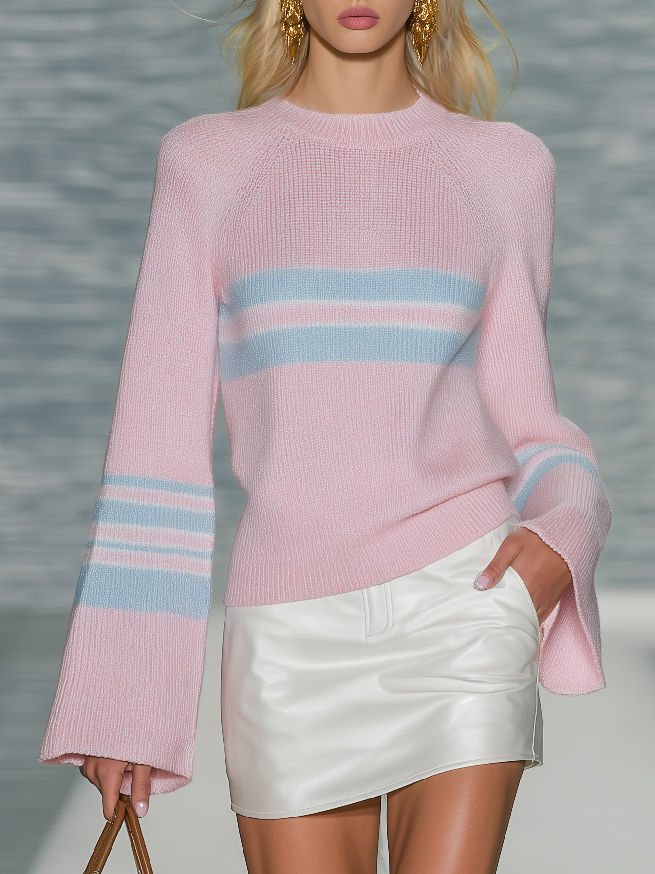 Retro-chic Striped Pullover With Bell Sleeves In Powder Blue