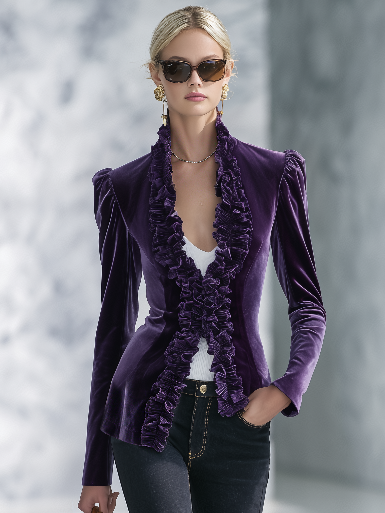 Vintage-style Casual Elegant Purple Velvet Jacket With Ruffles