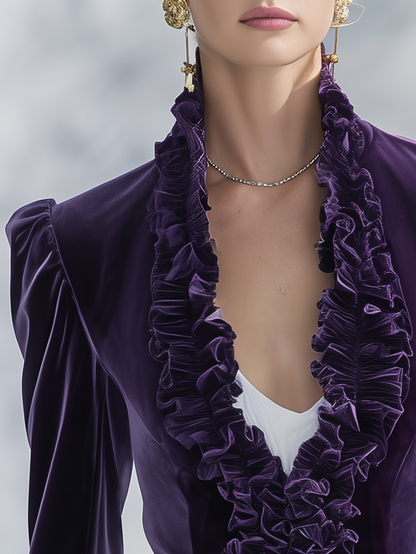 Vintage-style Casual Elegant Purple Velvet Jacket With Ruffles