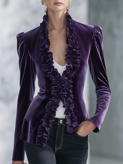 Vintage-style Casual Elegant Purple Velvet Jacket With Ruffles