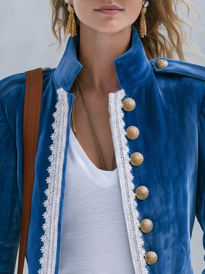 Vintage-style Casual Elegant Blue Velvet And Lace Panel Jacket