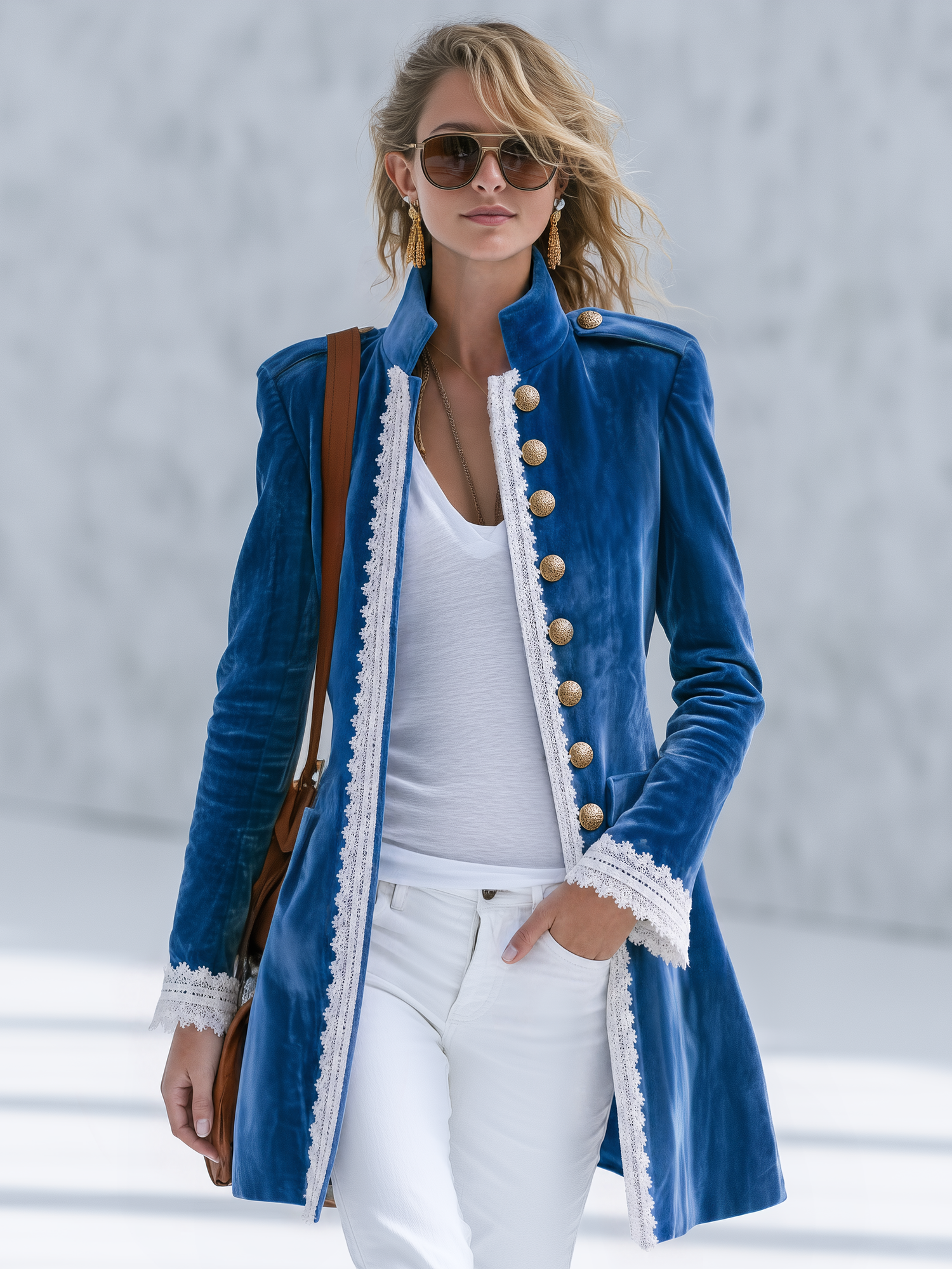 Vintage-style Casual Elegant Blue Velvet And Lace Panel Jacket