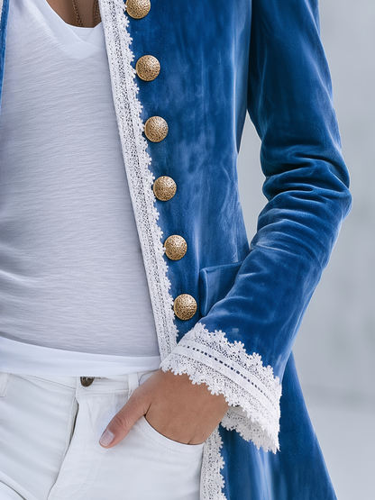 Vintage-style Casual Elegant Blue Velvet And Lace Panel Jacket