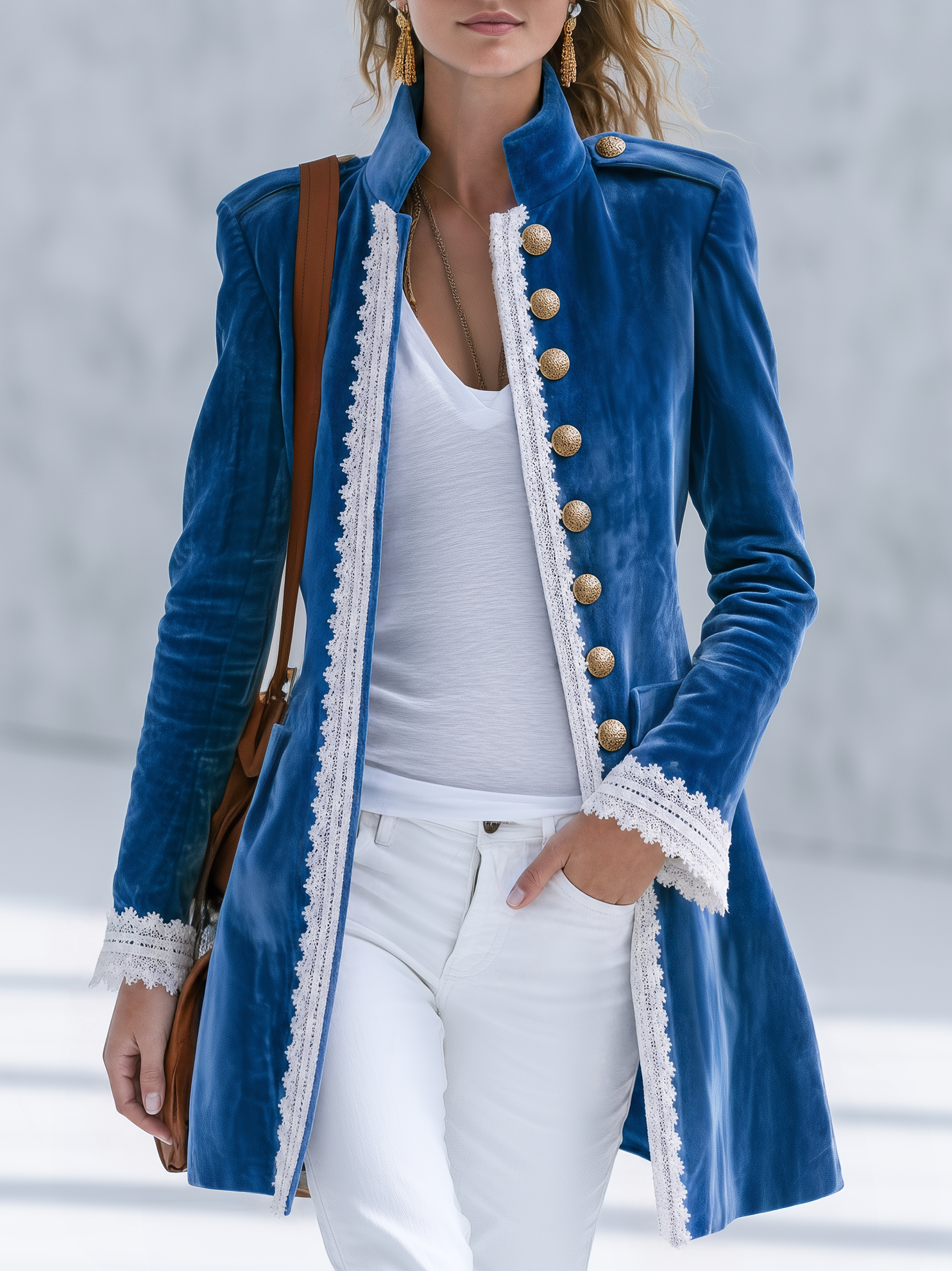 Vintage-style Casual Elegant Blue Velvet And Lace Panel Jacket