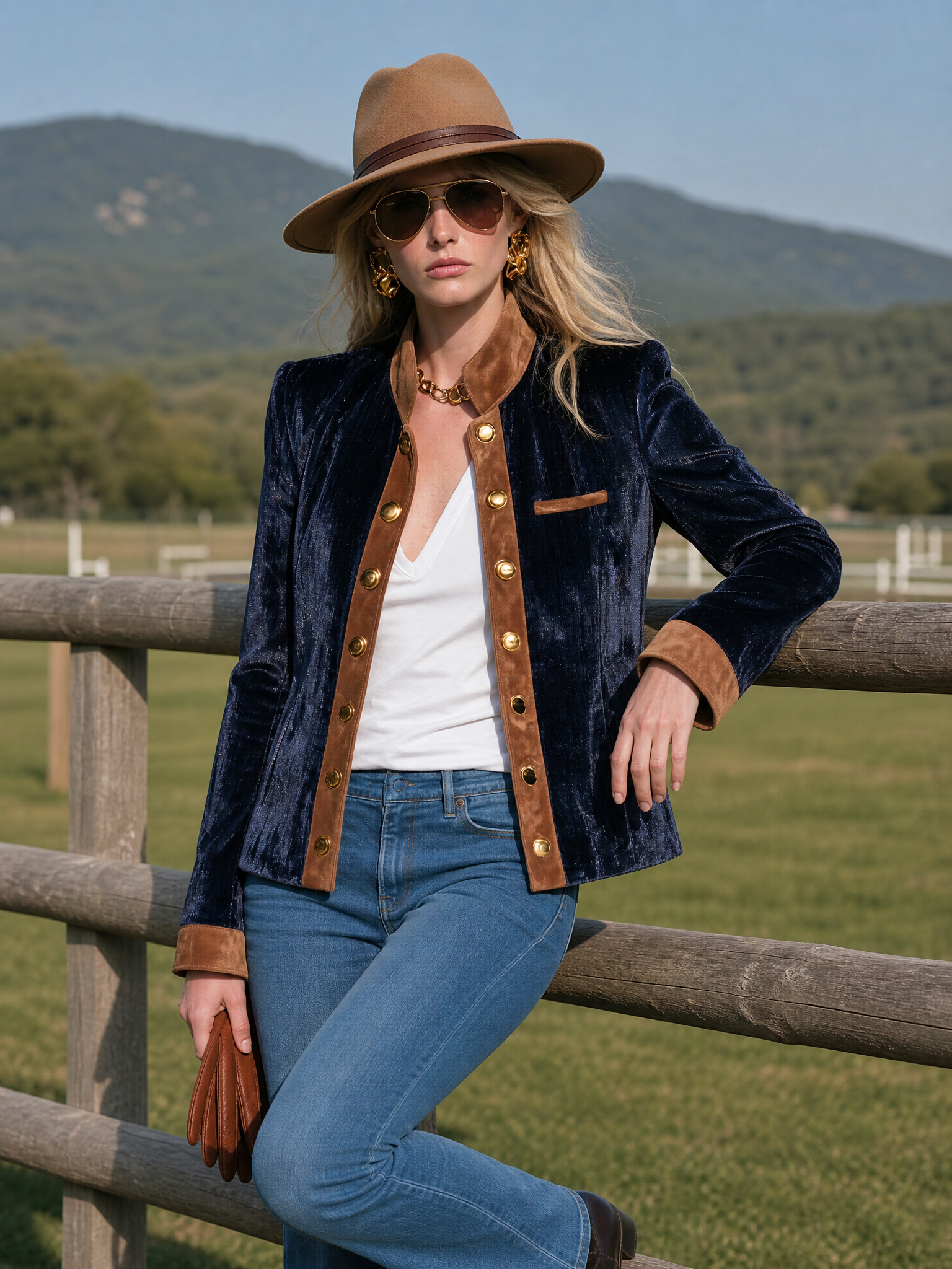 Vintage Dark Blue Velvet Suede-Trim Gold-Button Stand-Collar Military Jacket Women