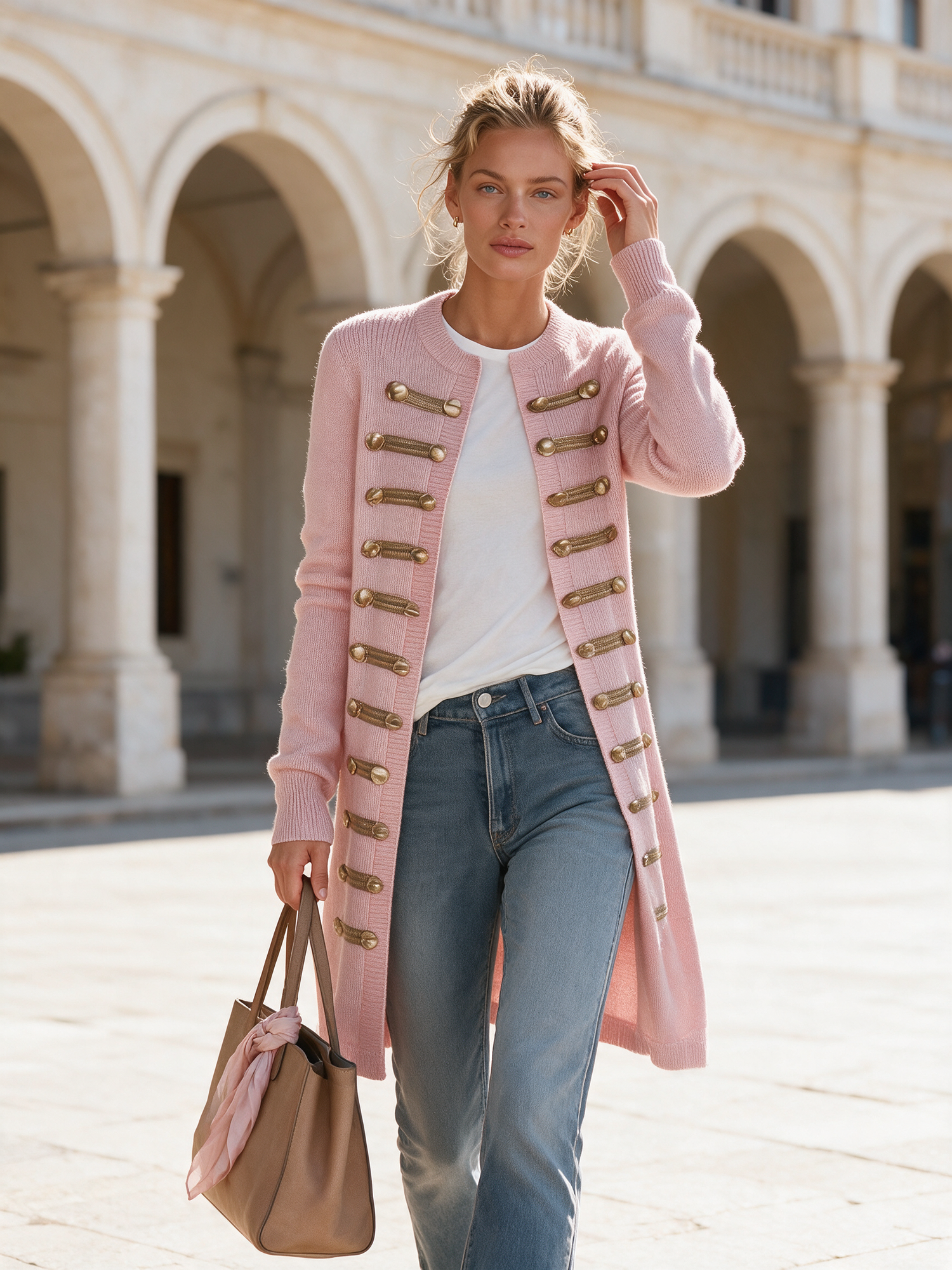 Vintage Pink Knit Gold-Button Band-Trim Open-Front Longline Military Cardigan Women