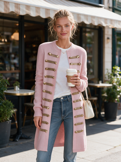 Vintage Pink Knit Gold-Button Band-Trim Open-Front Longline Military Cardigan Women