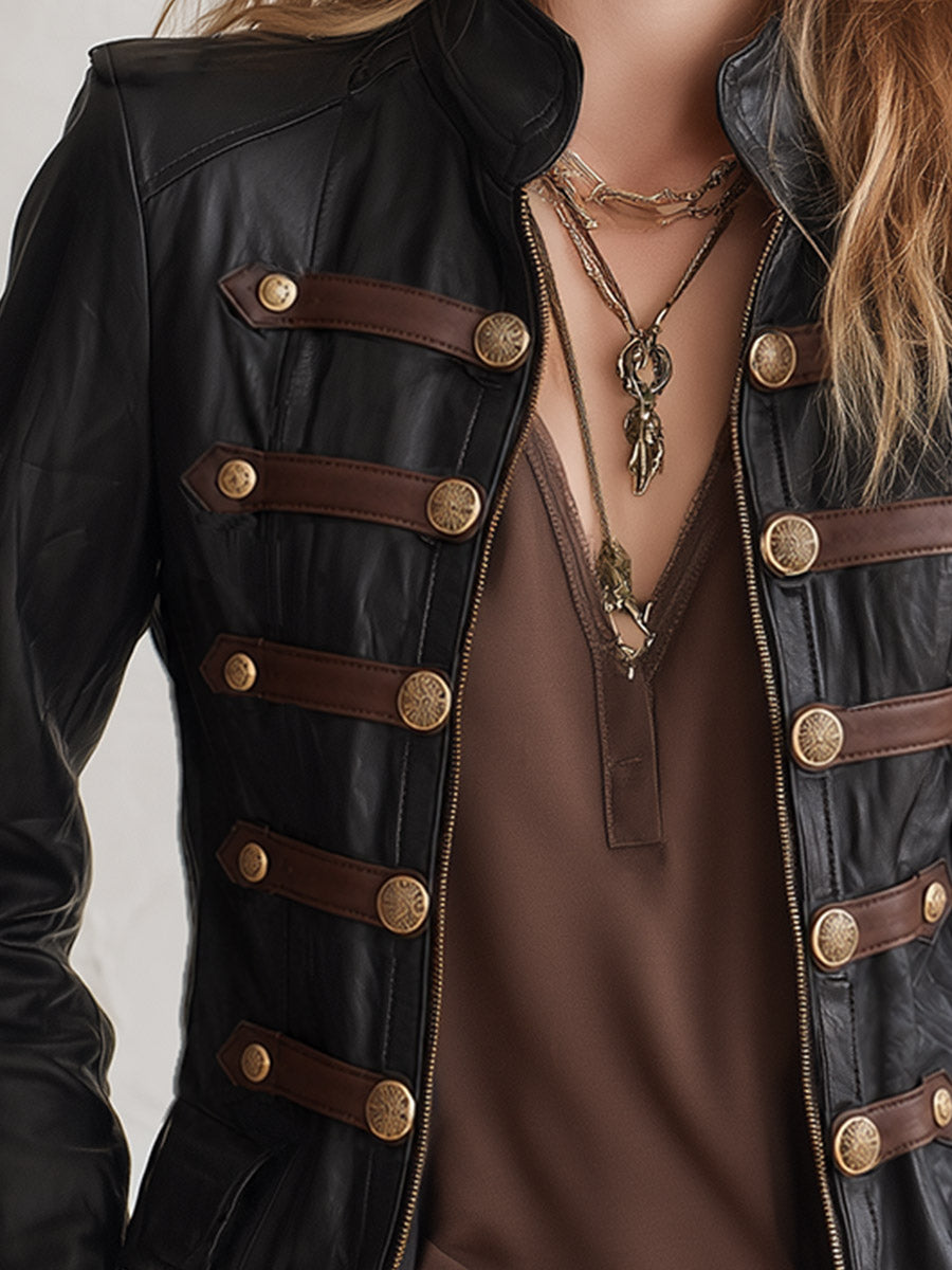 Urban Military Style Zipper Horizontal Trim Black PU Jacket