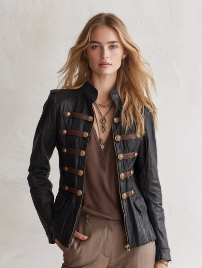 Urban Military Style Zipper Horizontal Trim Black PU Jacket