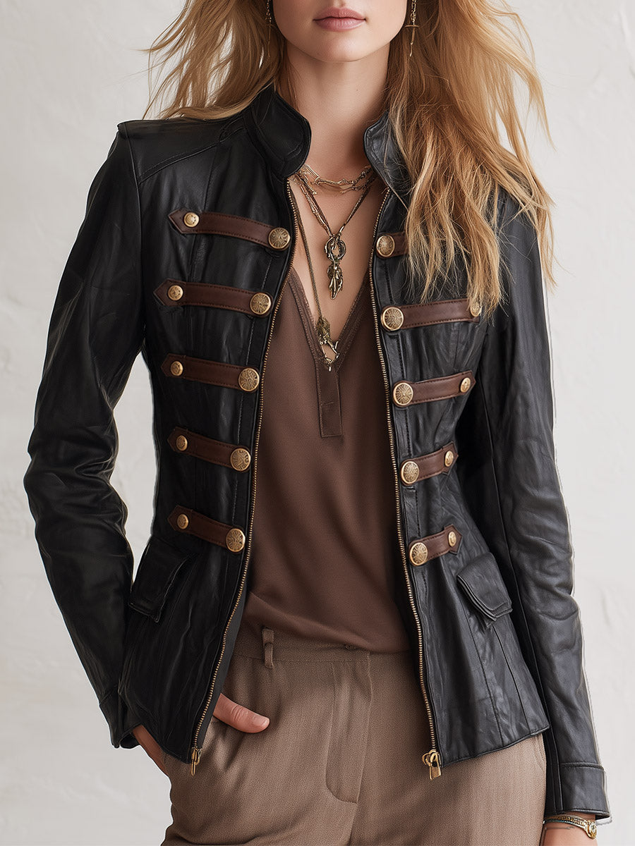 Urban Military Style Zipper Horizontal Trim Black PU Jacket