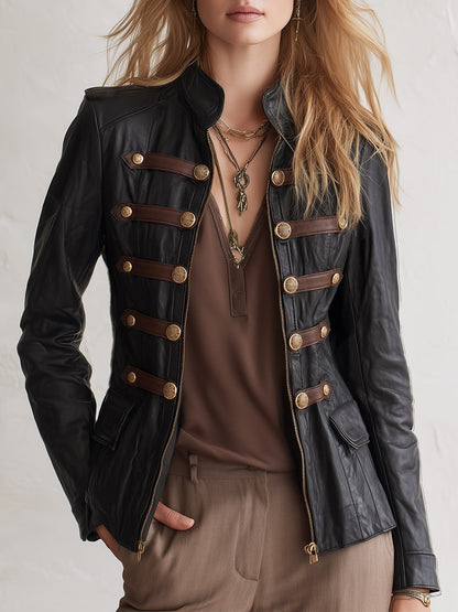 Urban Military Style Zipper Horizontal Trim Black PU Jacket