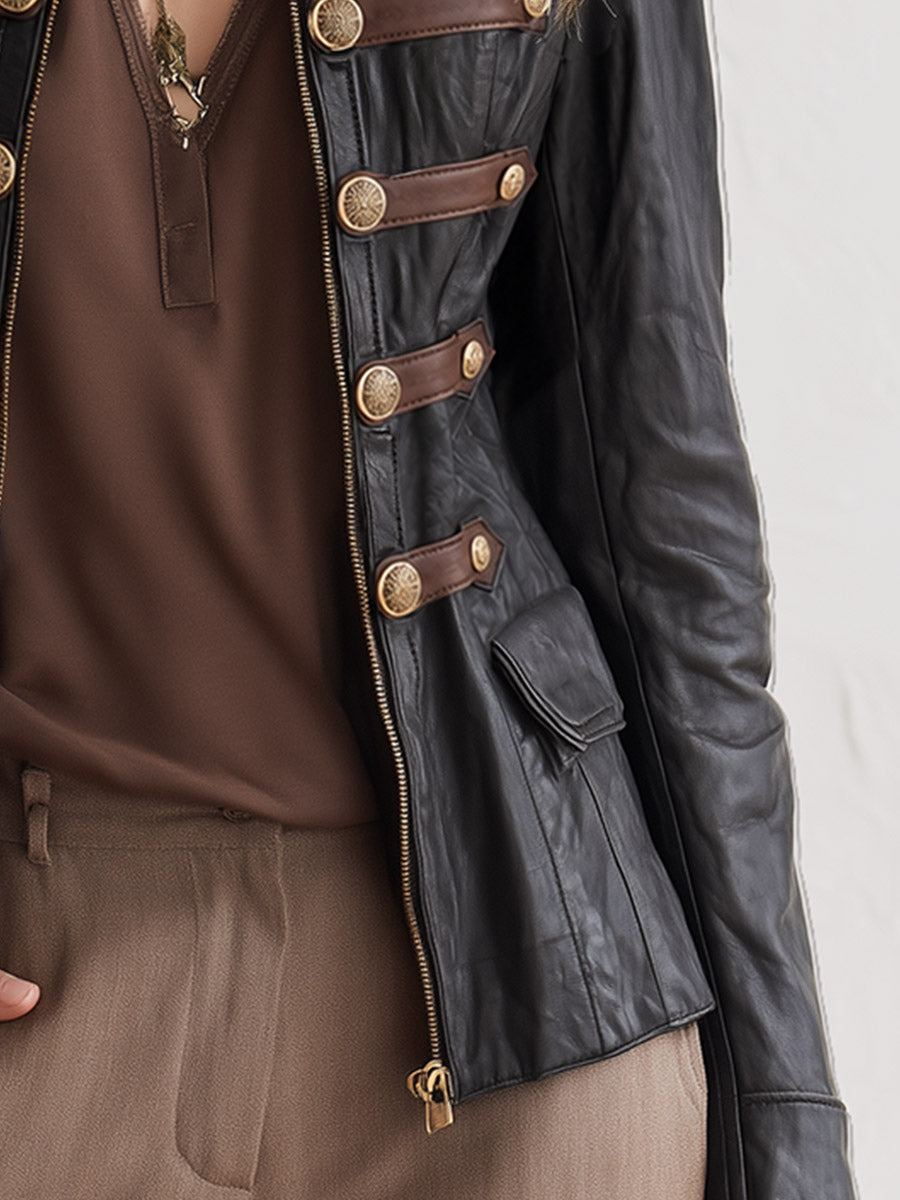 Urban Military Style Zipper Horizontal Trim Black PU Jacket