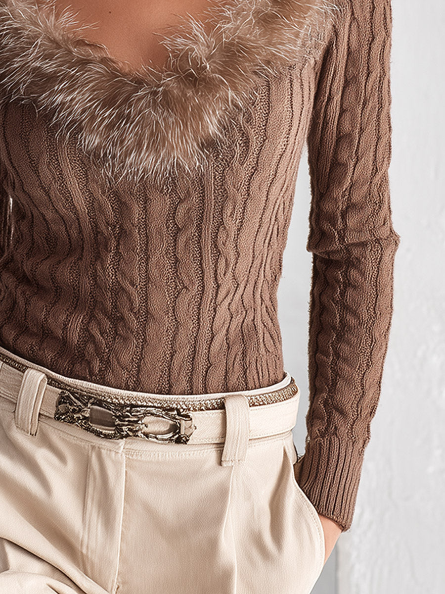 Elegant Faux-Fur V-Neck Cable-Knit Sweater