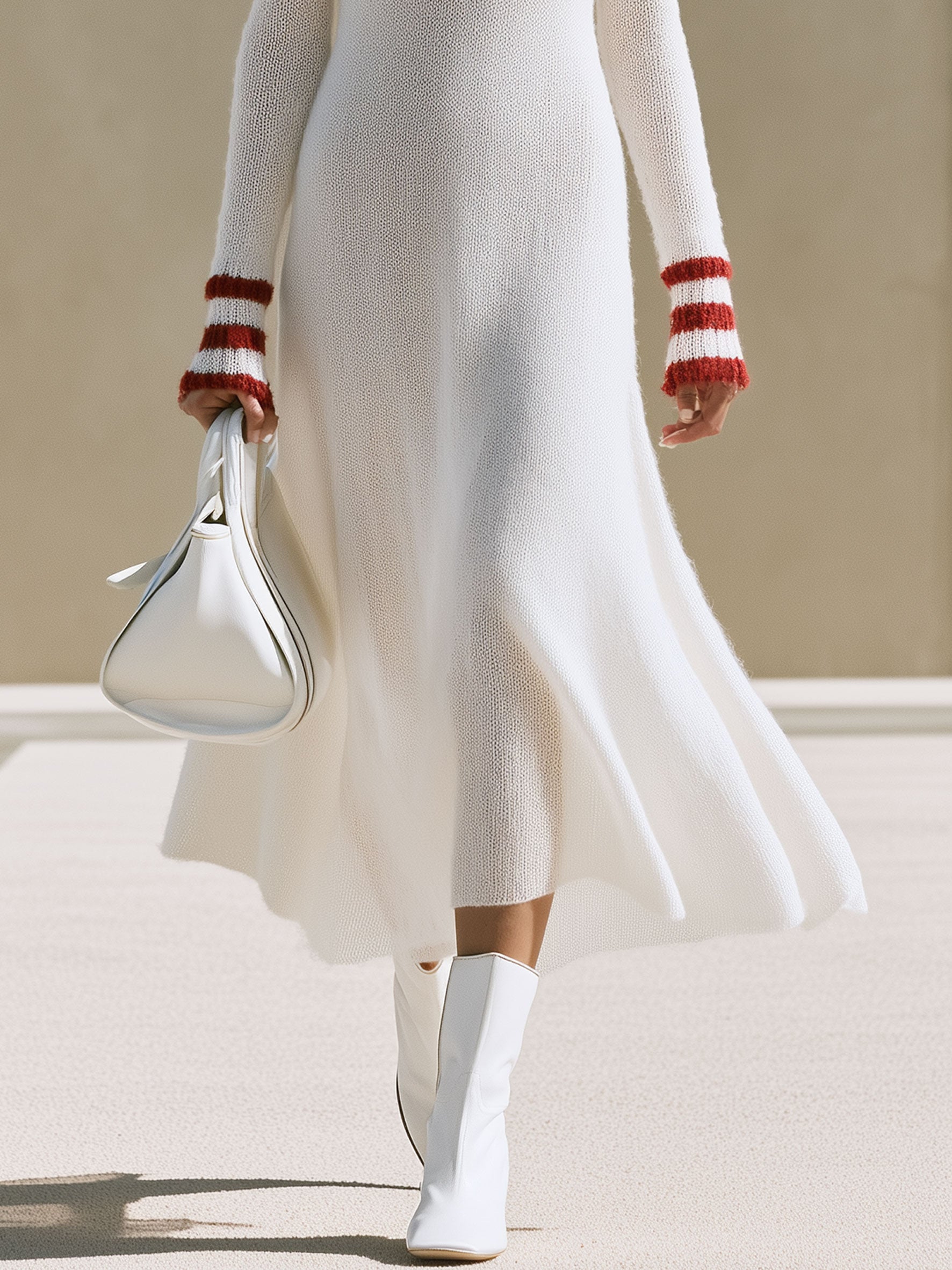 Stylish And Simple Striped White Long-haired Knit Midi Dress