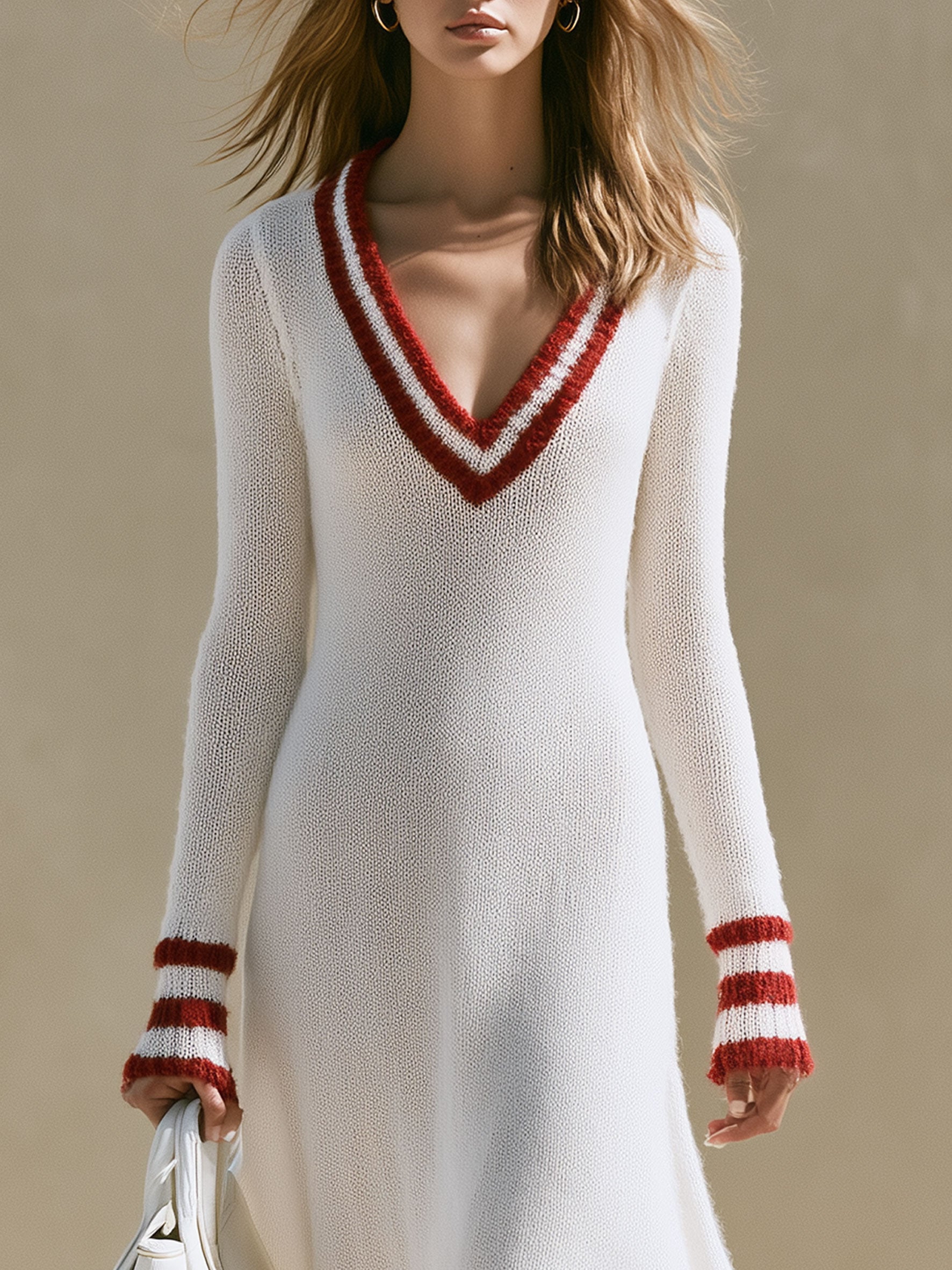 Stylish And Simple Striped White Long-haired Knit Midi Dress