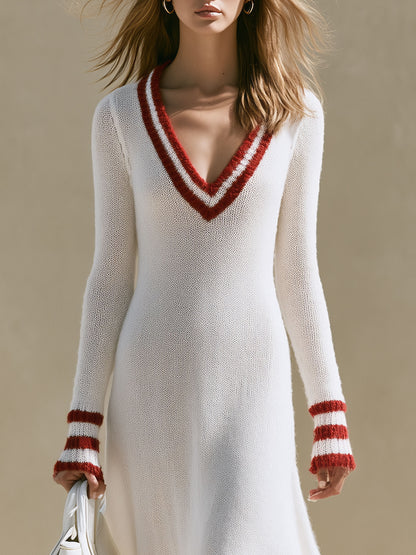 Stylish And Simple Striped White Long-haired Knit Midi Dress