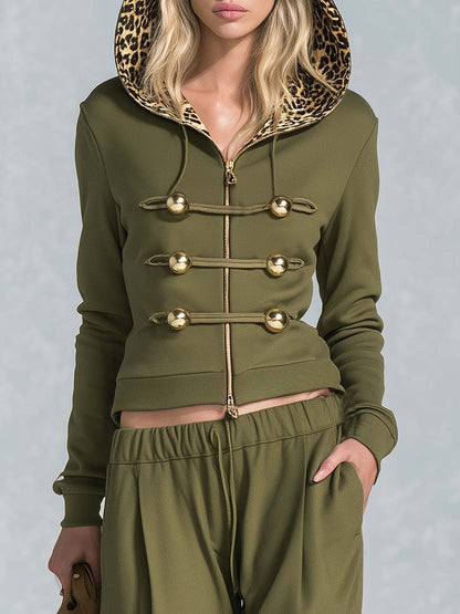 Vintage Military Olive Hooded Gold-Button Zip Hoodie Cargo Pants Set Women