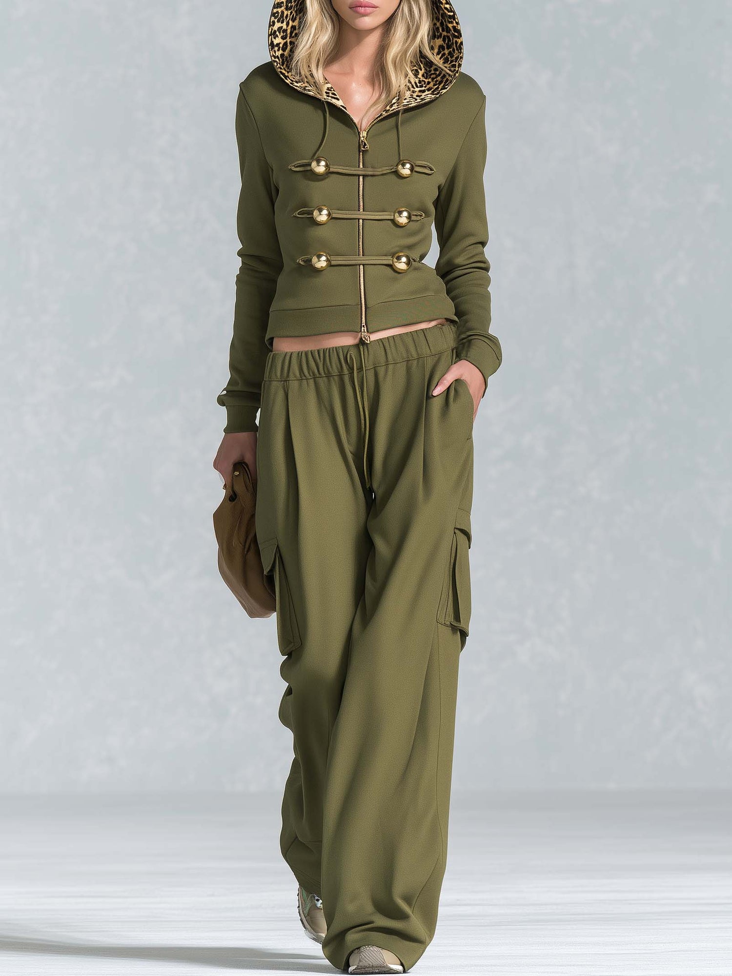 Vintage Military Olive Hooded Gold-Button Zip Hoodie Cargo Pants Set Women
