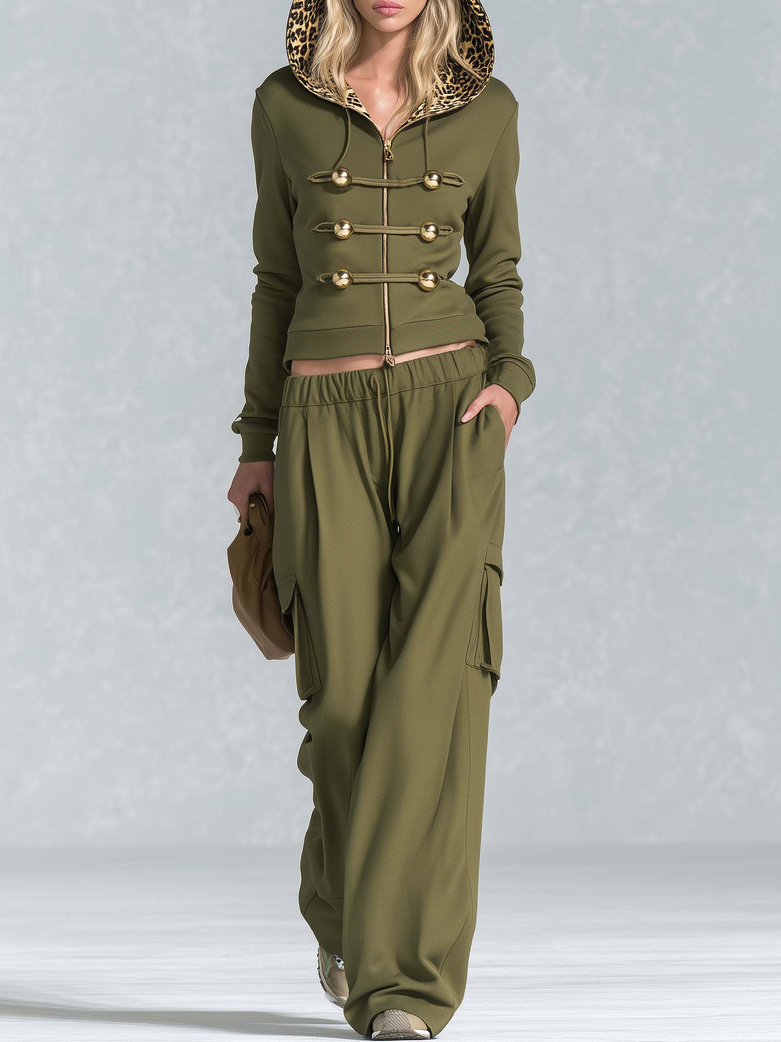 Vintage Military Olive Hooded Gold-Button Zip Hoodie Cargo Pants Set Women