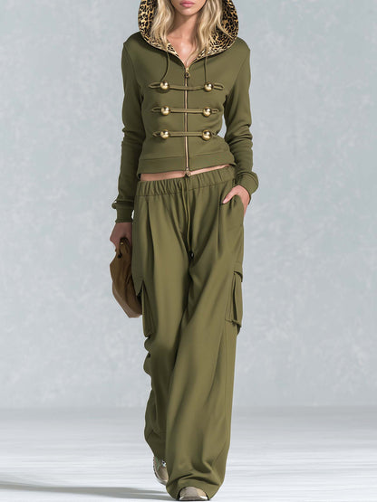 Vintage Military Olive Hooded Gold-Button Zip Hoodie Cargo Pants Set Women