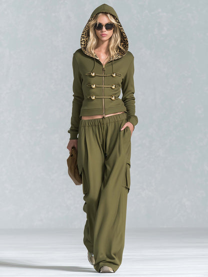 Vintage Military Olive Hooded Gold-Button Zip Hoodie Cargo Pants Set Women