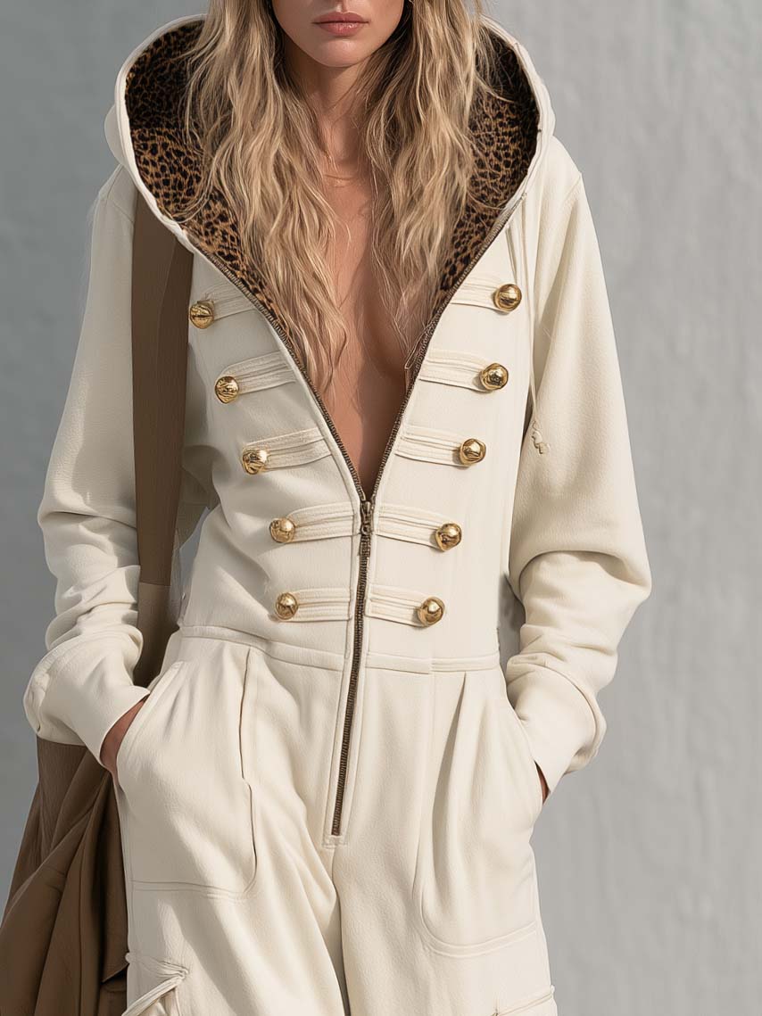 Vintage Cream Hooded Gold-Button Zip-Front Cargo Wide-Leg Military Jumpsuit Women