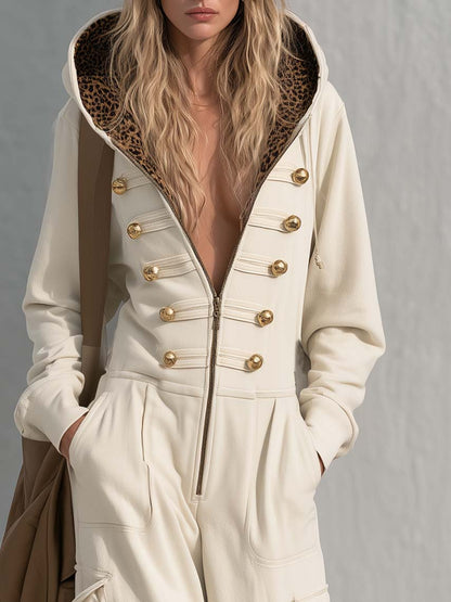 Vintage Cream Hooded Gold-Button Zip-Front Cargo Wide-Leg Military Jumpsuit Women