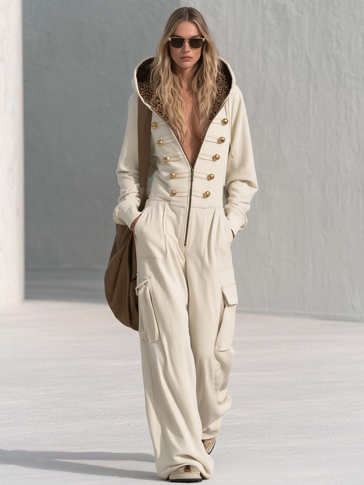 Vintage Cream Hooded Gold-Button Zip-Front Cargo Wide-Leg Military Jumpsuit Women