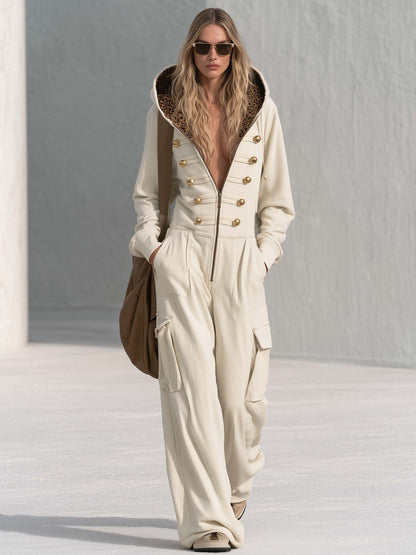 Vintage Cream Hooded Gold-Button Zip-Front Cargo Wide-Leg Military Jumpsuit Women