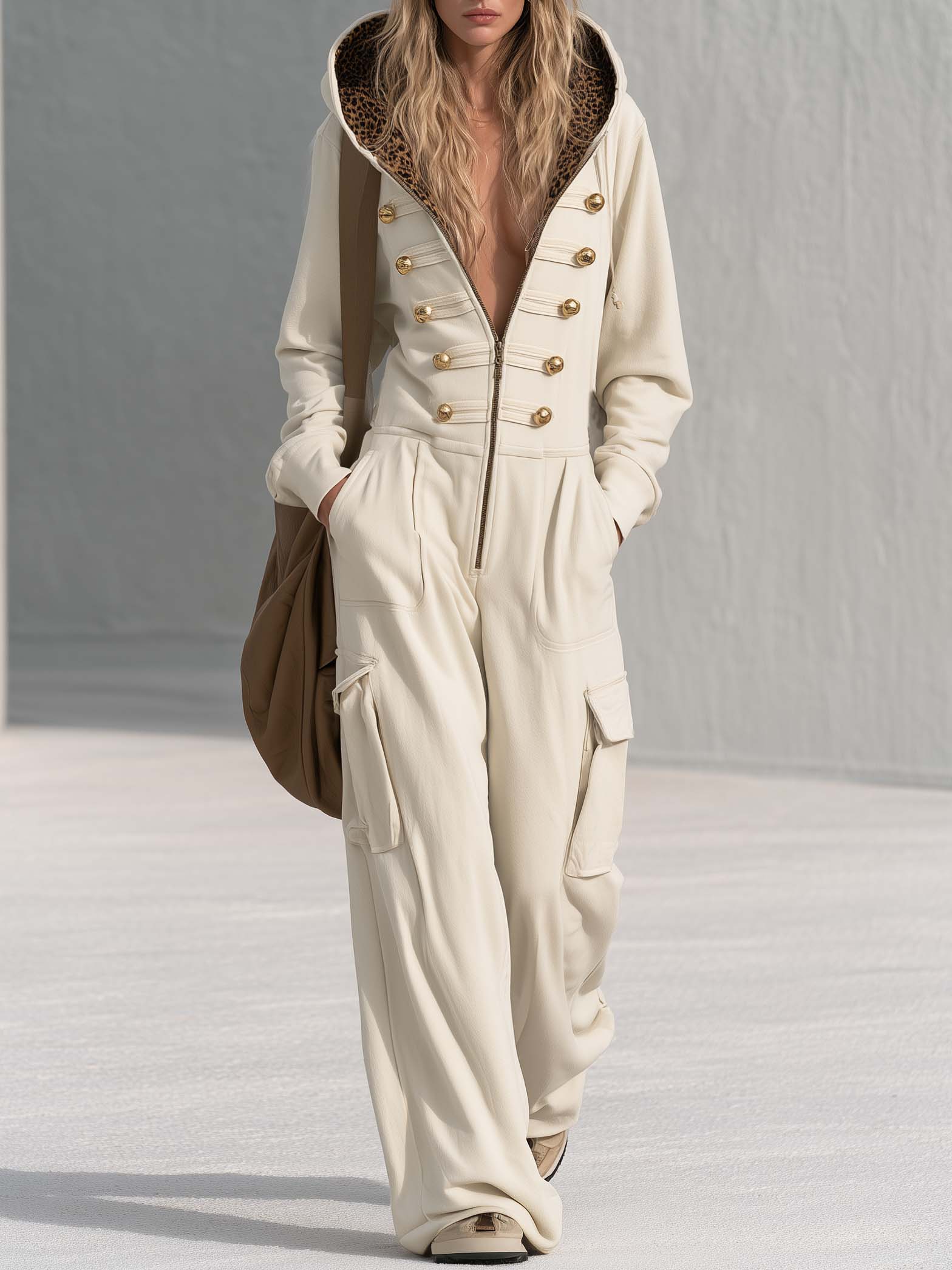 Vintage Cream Hooded Gold-Button Zip-Front Cargo Wide-Leg Military Jumpsuit Women