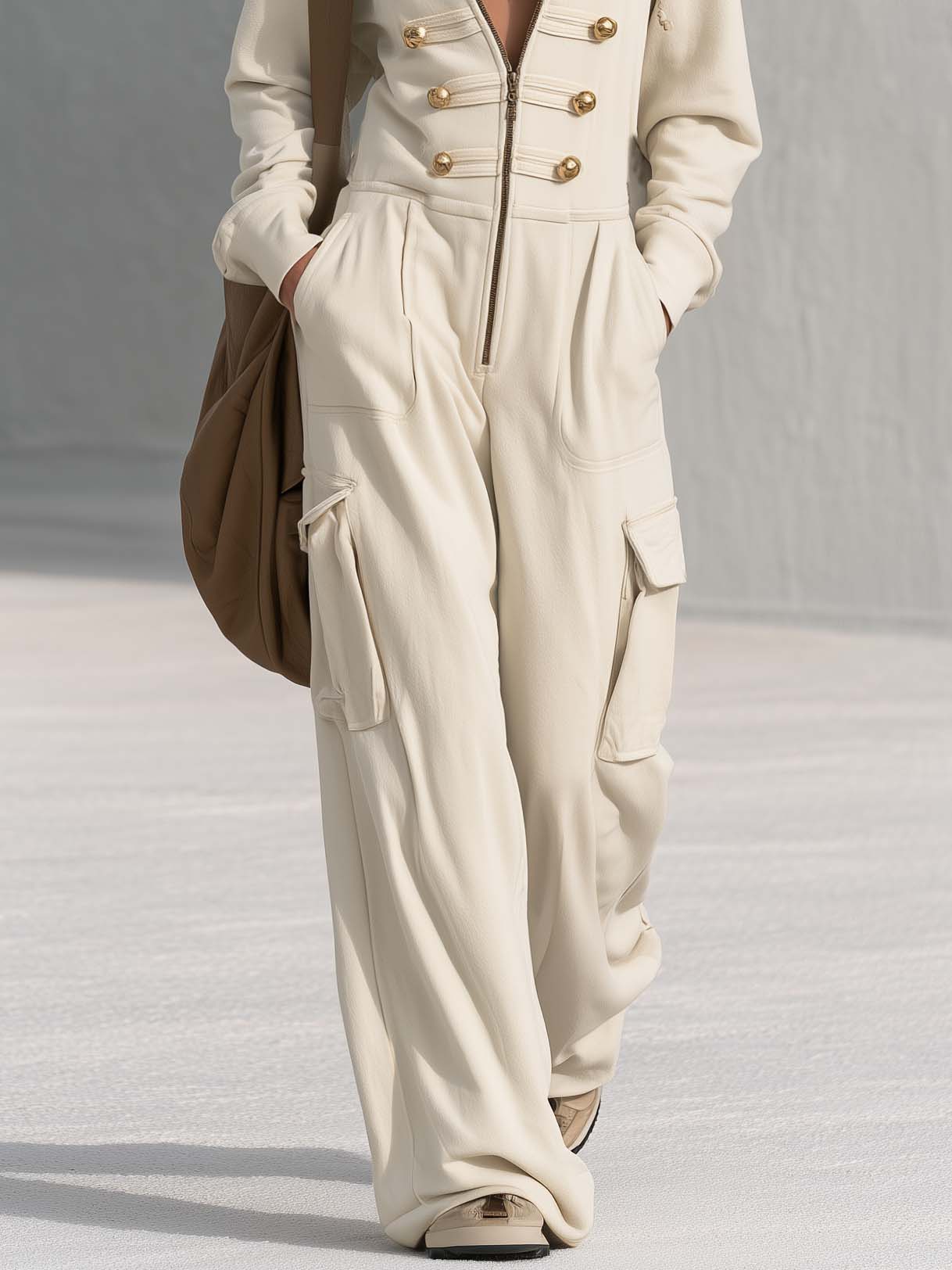 Vintage Cream Hooded Gold-Button Zip-Front Cargo Wide-Leg Military Jumpsuit Women