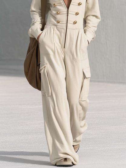 Vintage Cream Hooded Gold-Button Zip-Front Cargo Wide-Leg Military Jumpsuit Women
