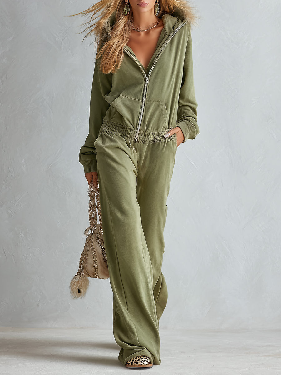 Chic Casual Faux-Fur Trim Muted Olive Cotton Hooded Long-Sleeve Jumpsuit