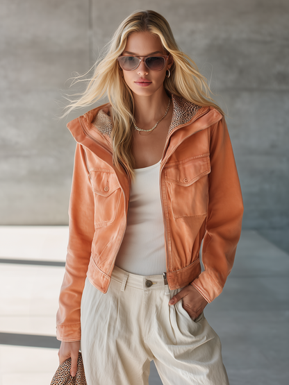 Cropped Orange Leather Jacket Women Leopard Trim Drawstring Hem Fall Moto