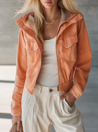Cropped Orange Leather Jacket Women Leopard Trim Drawstring Hem Fall Moto