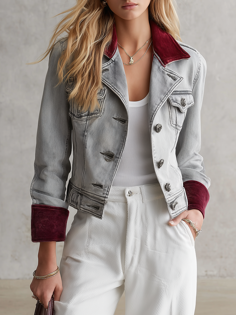 Cropped Grey Denim Jacket Women Burgundy Velvet Collar Cuff Vintage Fall Trucker