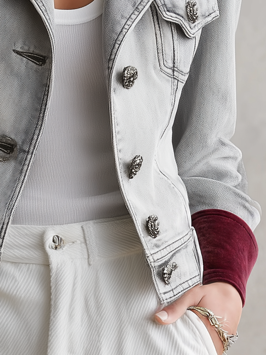 Cropped Grey Denim Jacket Women Burgundy Velvet Collar Cuff Vintage Fall Trucker