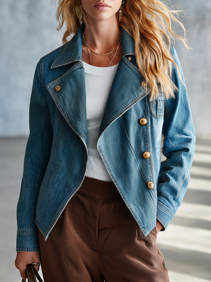 Cropped Fitted Denim Jacket Women Gold Buttons Asymmetric Hem Western Fall