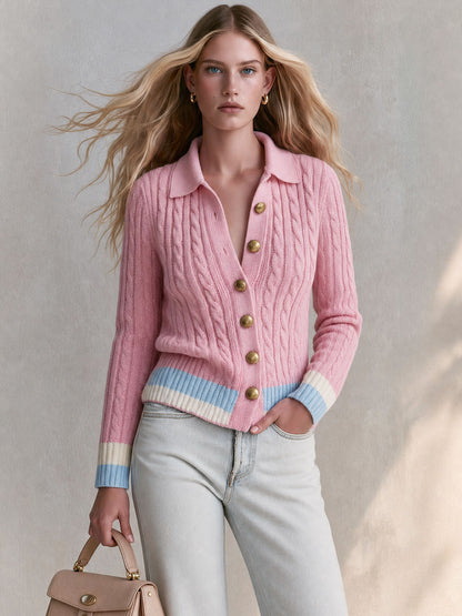 Retro-elegant Pink Color-blocked Single-breasted Knit Cardigan