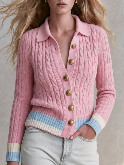 Retro-elegant Pink Color-blocked Single-breasted Knit Cardigan